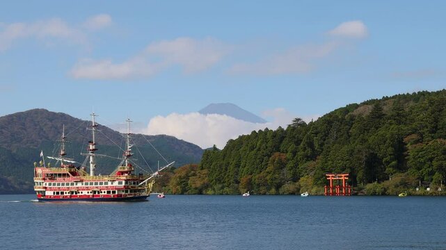 Drone shot of Lake Ashi and Mt. Fuji