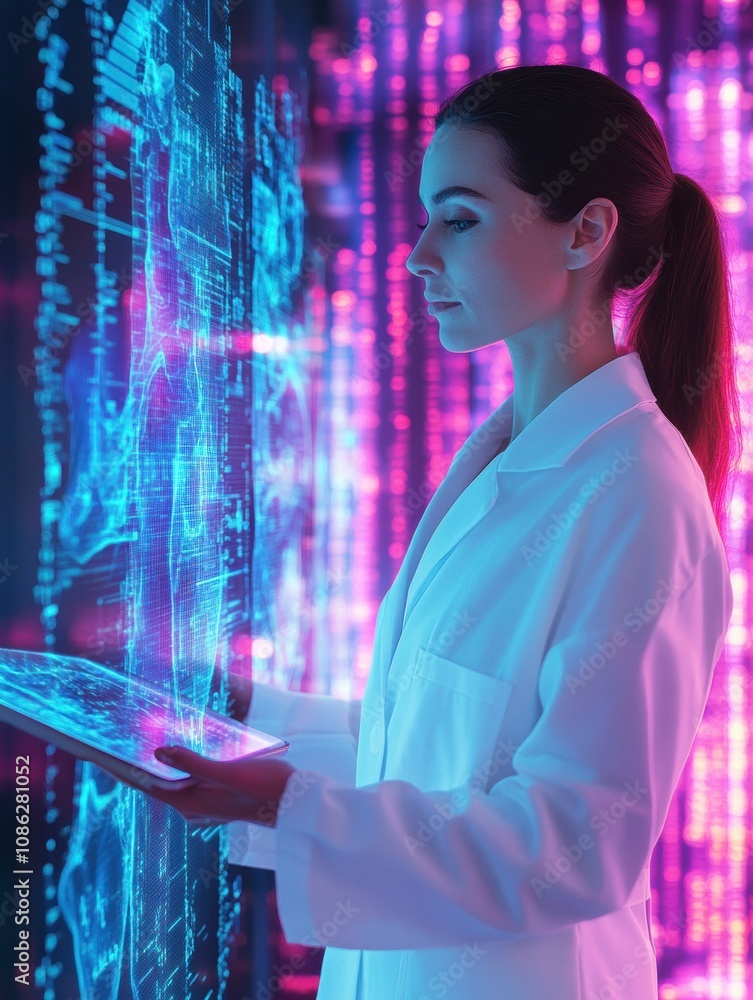 Aufkleber A doctor in a white coat is focused on analyzing digital information displayed on a screen while utilizing a tablet in a modern lab. Generative AI