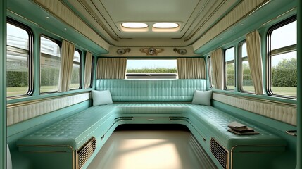 Obraz premium Luxurious vintage camper van interior with teal upholstery, gold accents, and large windows.
