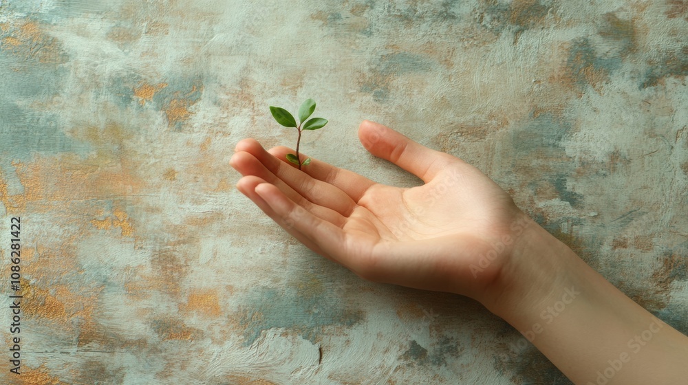 Aufkleber gentle hands cradle a fragile seedling, symbolizing growth and care on a calm, textured backdrop ful