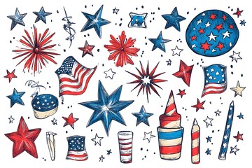 Obraz premium 4th of July, Independence day - greeting design with USA patriotic colors firework burst rays. july, freedom, red, flag, patriotism, illustration, day, blue, design, background, event, poster,