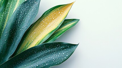 Dewy green and yellow leaves on white background.