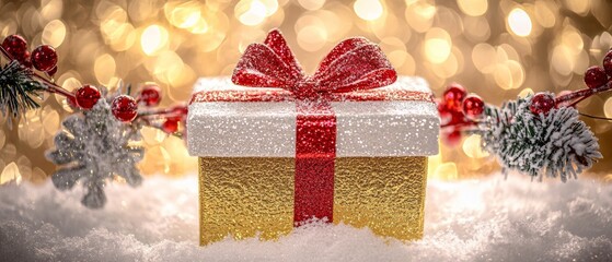 A beautifully wrapped gift box adorned with a vibrant red ribbon and an elegant bow, exuding joy and anticipation for the special occasion ahead.