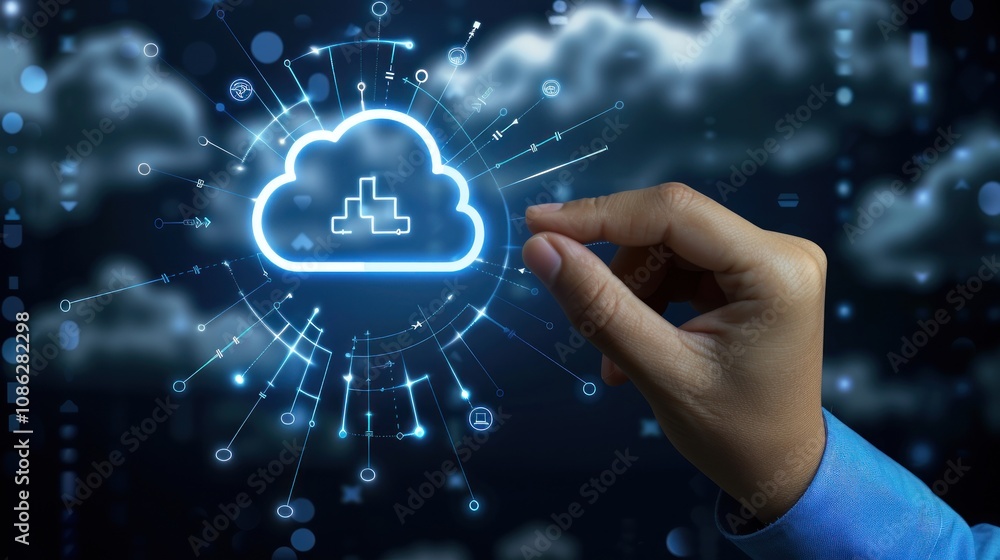 Poster businessman touching cloud computing icon network for internet storage network, ai generated image
