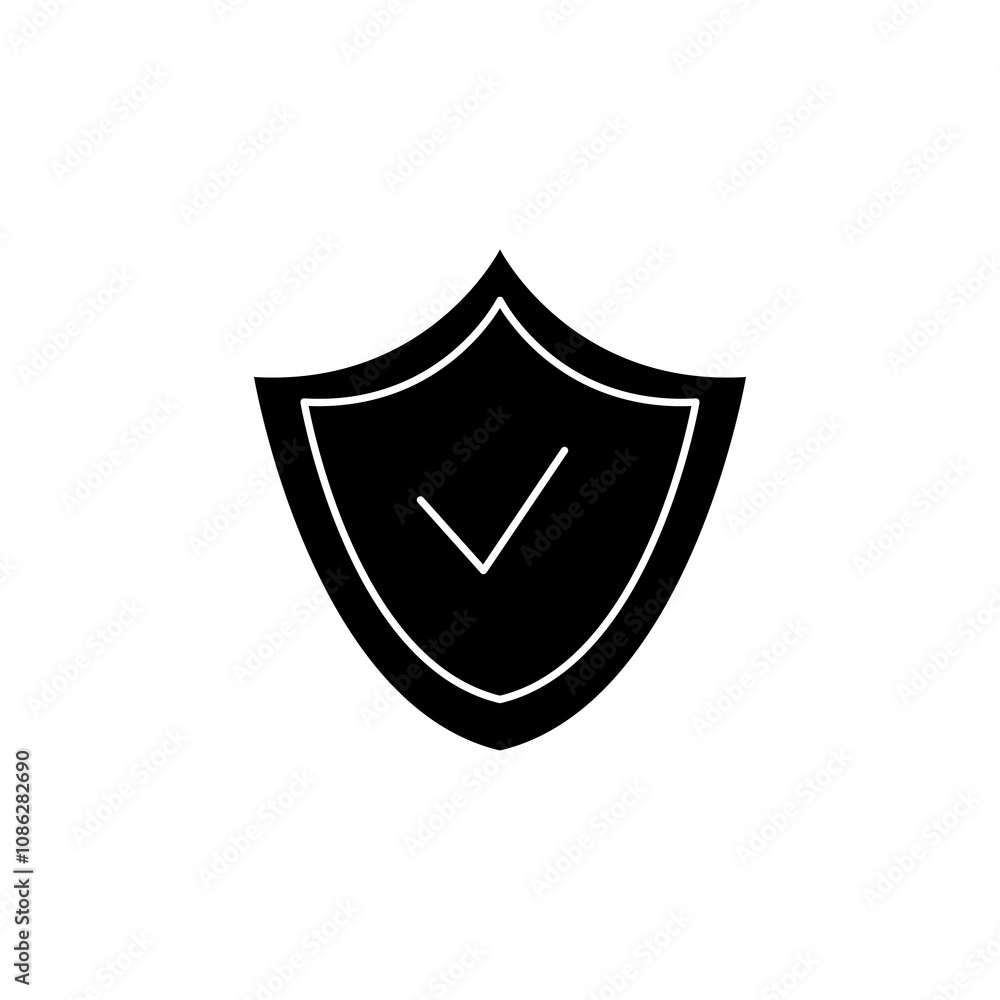 Poster shield with check mark icon, vector flat black simple illustration for web and app..eps