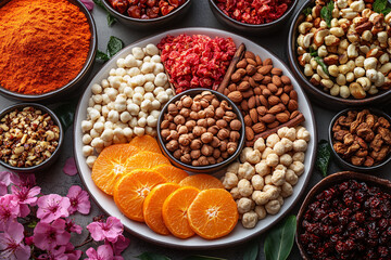 This tranquil arrangement of festive foods is perfect for Chinese New Year celebrations, showcasing a serene atmosphere with vibrant colors and rich textures.