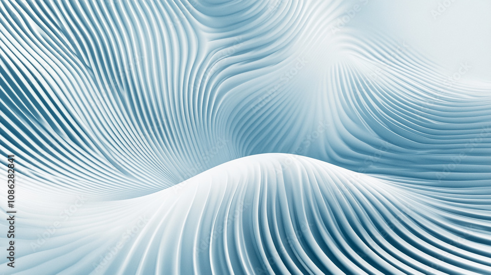 Poster soft, flowing lines create a serene abstract pattern in calming blue and white hues