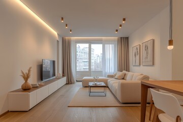 Fototapeta premium A cozy living room adorned with a plush couch, stylish chairs, a modern table and a sleek television, inviting relaxation and warmth.