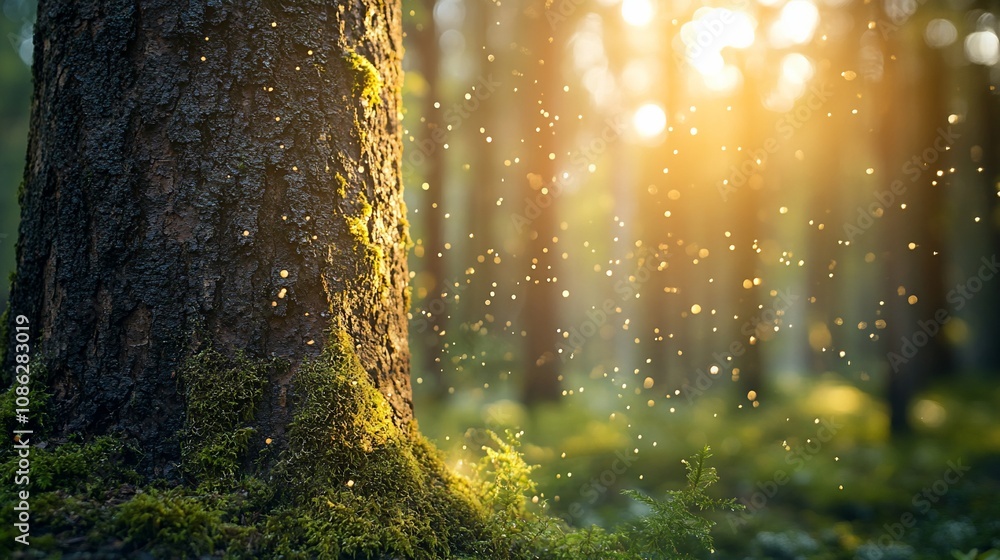Poster sunlit forest scene with moss-covered tree trunk and floating particles.