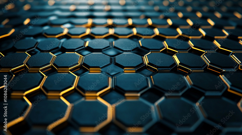 Poster abstract close-up of hexagonal patterns with a glowing gold accent on a dark surface