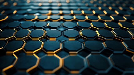 Fototapeta premium Abstract close-up of hexagonal patterns with a glowing gold accent on a dark surface