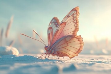 Obraz premium A delicate butterfly rests gracefully on a blanket of snow, creating a striking contrast between vibrant colors and the cold, white landscape.