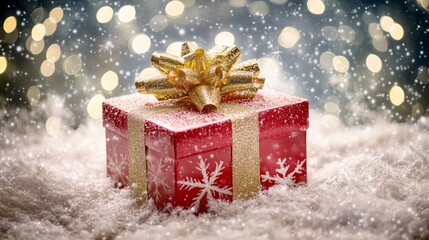 A vibrant red gift box adorned with a shimmering gold bow, exuding elegance and anticipation, perfect for celebrating special moments and festive occasions.