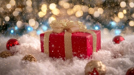 A vibrant red gift box adorned with a shimmering gold bow, nestled in a blanket of soft, white snow, radiating festive cheer and holiday spirit.
