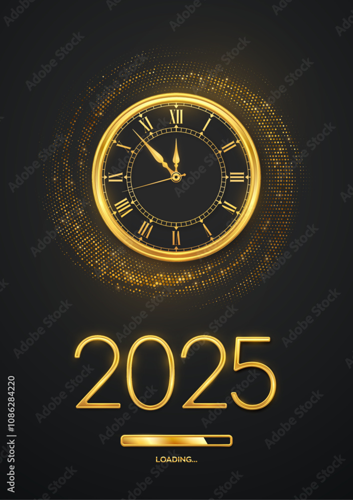 Poster happy new year 2025. golden metallic numbers 2025, gold watch with roman numeral and countdown midni