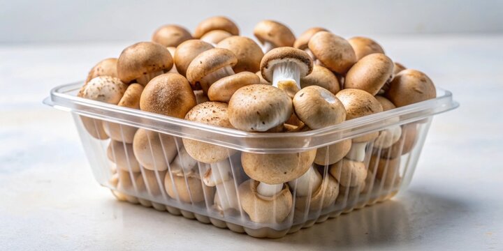 Close up of uniform mushrooms in plastic container, mushrooms, plastic, container, close up, same size, same shape, fungus