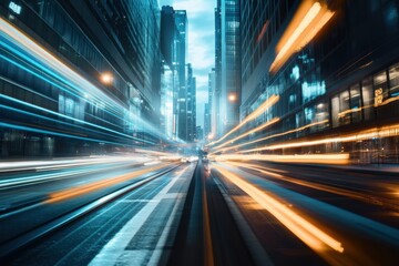 A long exposure shot of a busy city street at night, showing streaks of light from traffic.