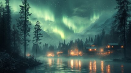 Fototapeta premium A cozy cabin by a tranquil lake, illuminated by vibrant aurora lights dancing in the night sky, creating a magical and serene atmosphere.