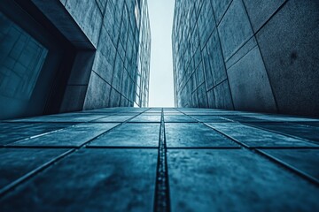 A low angle view of a narrow pathway between two tall buildings.