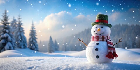 Obraz premium Snowman standing in a winter wonderland , snow, winter, cold, outdoor, holiday, Christmas, decoration, cute, carrot, hat, scarf