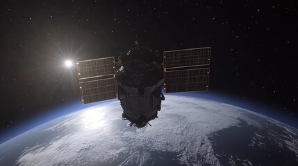 An aerial view of a satellite orbiting Earth, showcasing intricate details against the backdrop of a vibrant blue planet and a starry cosmos.