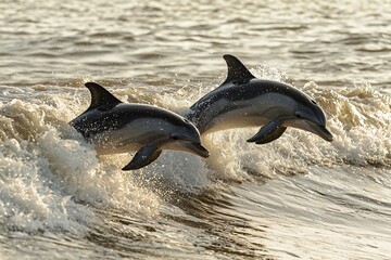 Fototapeta premium Dolphins Playfully Leaping Through Ocean Waves at Sunset