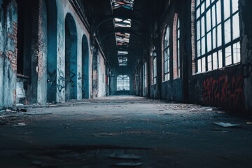 Fototapeta premium Abandoned industrial building hallway with light at the end.