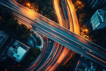 Aerial view of a highway intersection at night with blurred lights from cars.
