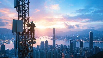 Technician on Cell Tower Overlooking Hong Kong