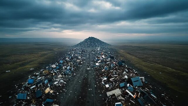 Towering medical waste creates stark white serpentine path across barren landscape. Dark brooding clouds loom overhead, casting dramatic shadows. 