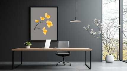 A sleek office desk with a poster mockup framed on the wall for design inspiration