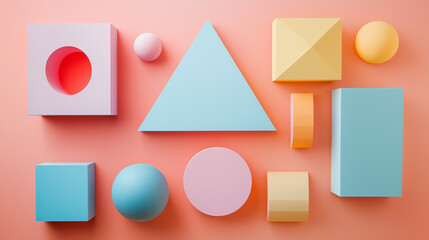 Abstract geometric shapes in various colors and forms arranged creatively on a pastel background...