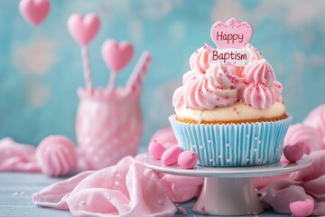 Celebratory banner: Happy Baptism greeting, heartfelt wishes, blessings on special occasion, sacred milestone with joy, reverence for newly baptized, highlighting a cherished momen