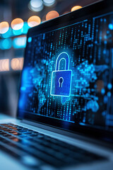 Close-up of a laptop screen displaying a cybersecurity icon against a soft blue background