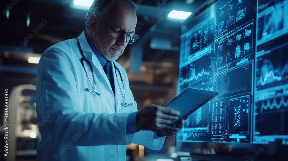 Leinwandbilder A doctor in a white coat analyzes medical data displayed on a digital tablet while surrounded by advanced technology in a healthcare setting. Generative AI