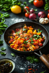 Colorful vegetables are being sautéed in a pan as fresh ingredients surround the dark countertop