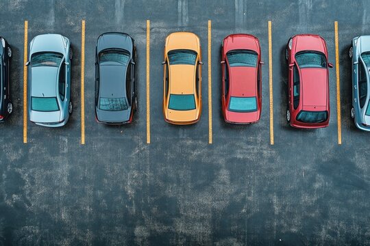 Overhead view of parked cars in a row with yellow lines.