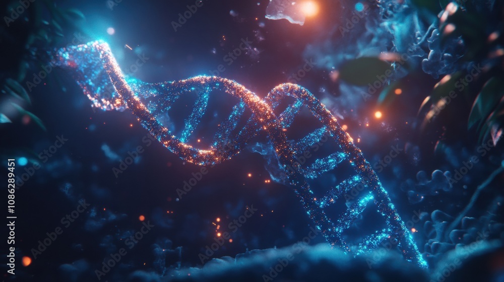 Fototapete a mesmerizing representation of a dna double helix illuminated by colorful lights, showcasing the in