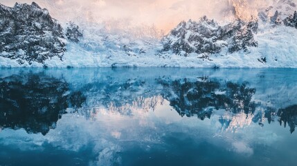 Obraz premium Glassy lake surface with snow-covered shores, capturing the mirror-like reflections of the winter landscape