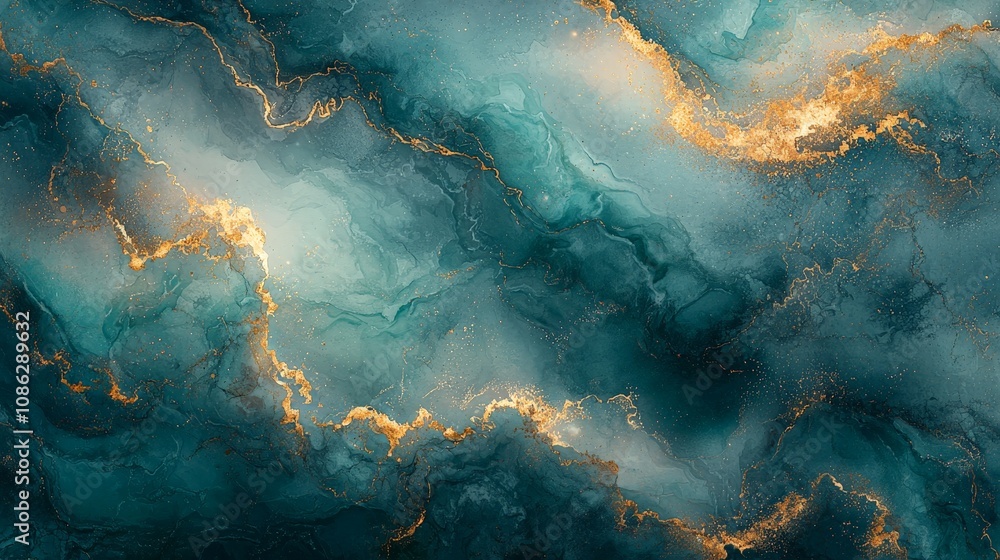Wall mural abstract swirling patterns in teal and gold, evoking a sense of depth and fluidity.