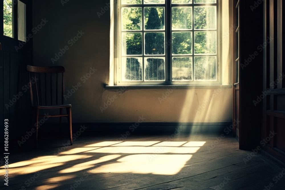 Poster sunlight streams through a window into an empty room with a wooden chair.
