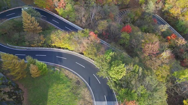 Drone aerial video of Autumn leaves at Irohazaka in Nikko