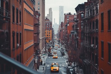 Obraz premium Yellow cabs line a narrow street in a bustling urban cityscape.