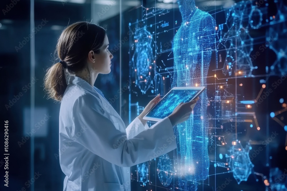 Poster a doctor dressed in a white coat analyzes digital holograms of human anatomy with a tablet in a mode