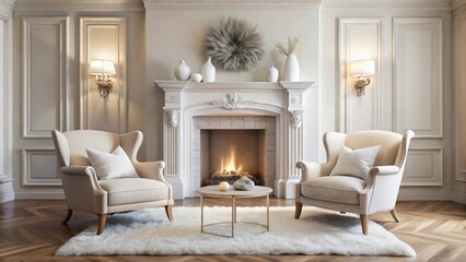 Elegant fireplace portal with soft chairs and fluff , cozy, luxurious, interior design, home decor, relaxation, comfort