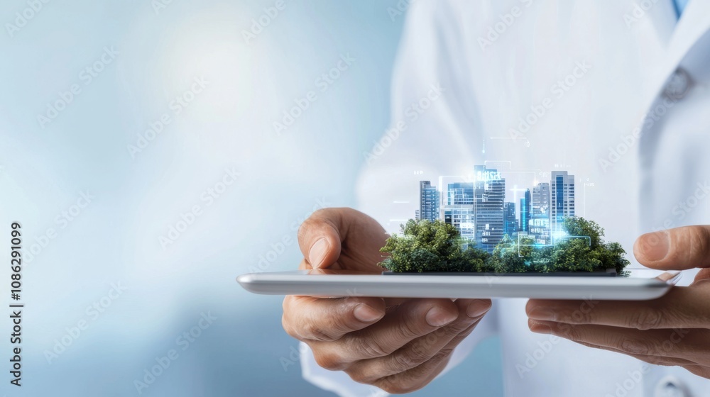 Poster a person in a lab coat holds a tablet displaying a digital model of a modern city with greenery, sym
