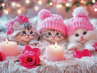 Adorable Kittens in Pink Winter Hats with Candles and Hearts