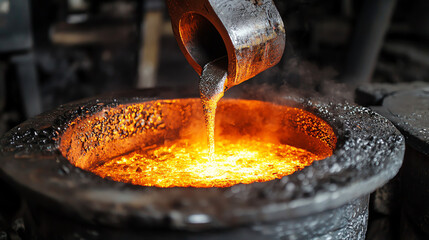 Aluminum smelting at a foundry with molten metal pouring from a crucible into a casting pot