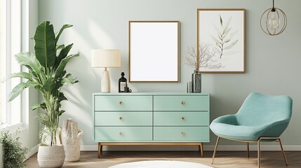 Mint green dresser, armchair, and botanical prints in a bright living room.