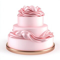 3D Elegant Three-Tiered Pink Cake with Soft Ruffled Icing and Golden Base Perfect for Celebrations, Weddings, and Special Events Decorations